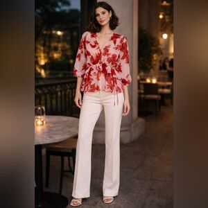 River Island Red Floral Sheer Blouse Ruffle Peplum Top NWT Size 10